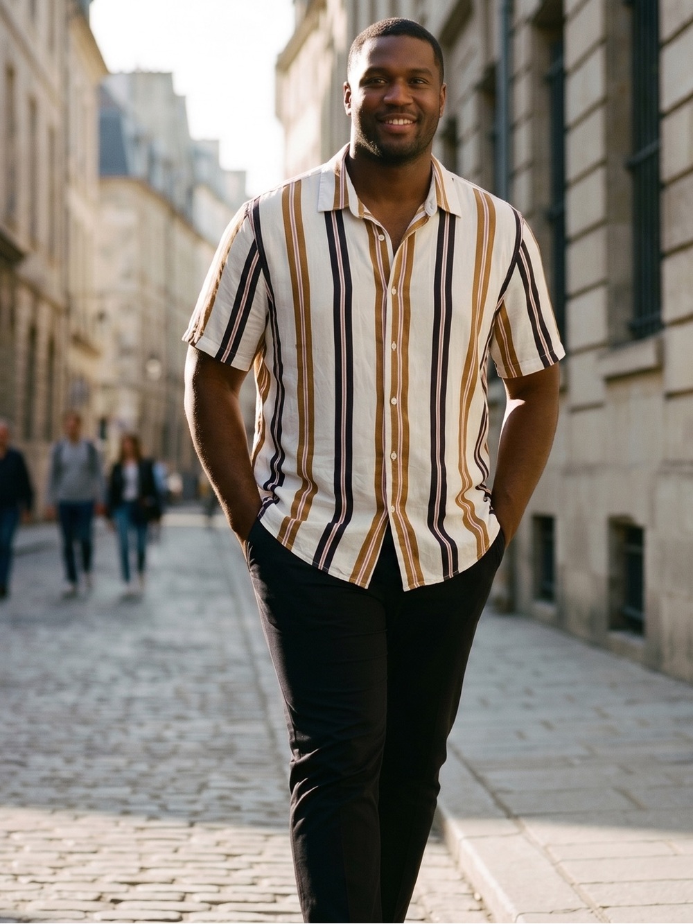 Denim & Flower Striped Shirt - White, Brown, Black, Men’s M